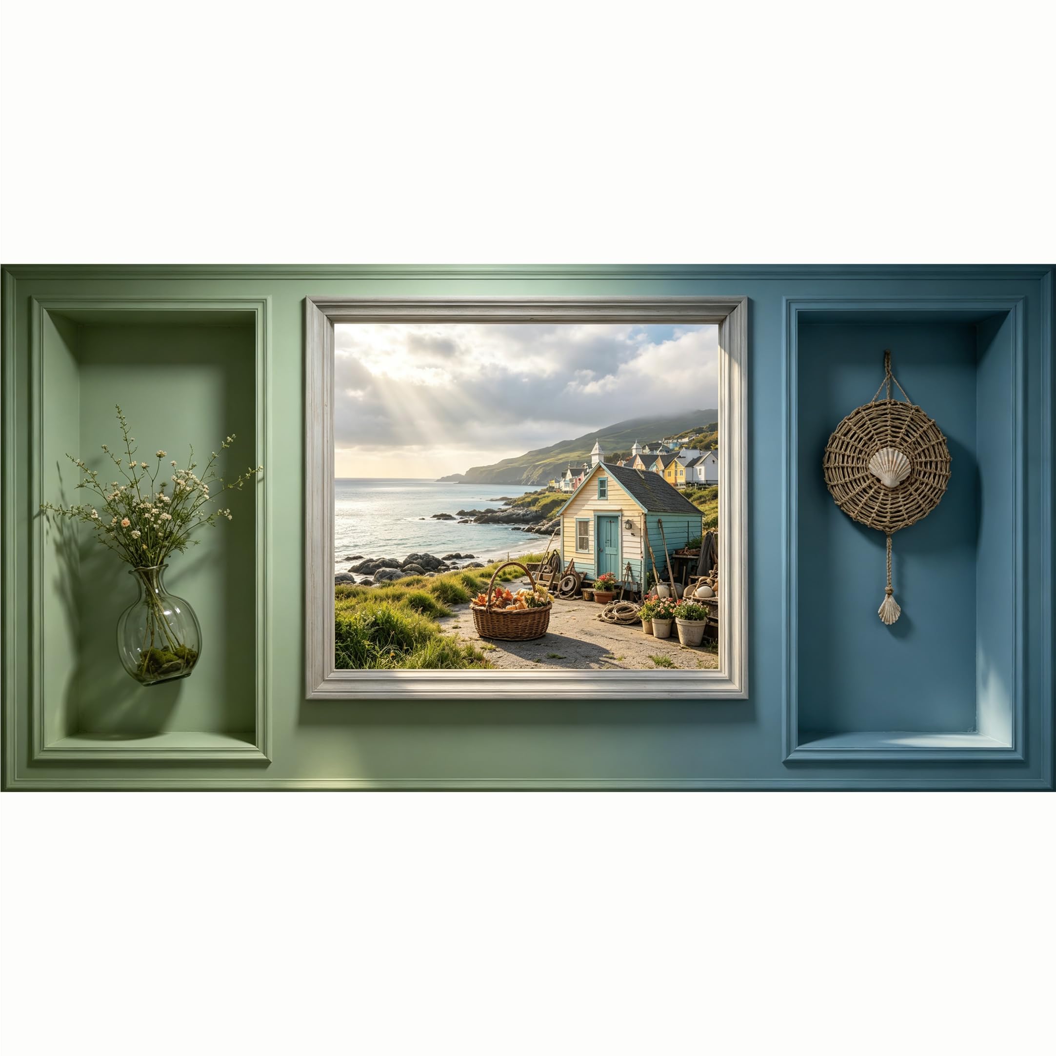 QZLITHOTIC 50x100cm 3D Framed Wall Art， Coastal Cottage Landscape 3D Trompe l'oeil Self‑Adhesive Mural， Water‑Activated Peel & Stick Fabric Decor Wall Decal for Bedroom Living Room
