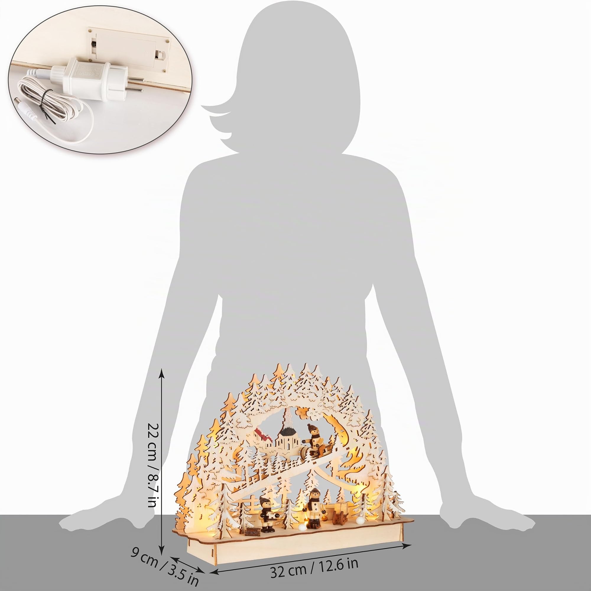 BRUBAKER Arc de Lumière 3D - Promenade en Traîneau dans la Forêt - Illuminations LED de Noël en Bois Naturel - 22 x 32 x 9 cm - Peint à la Main Décoration de Noël pour Table & Appui de Fenêtre