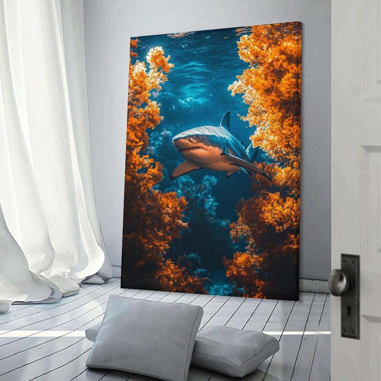 Junmoney Great White Shark in Coral Reef Wall Picture Print 24x36inch(60x90cm), for Corridors, Hallways Or Apartment Entries, Decorative Canvas Styling for Entry Areas