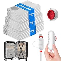Vacbird Sacchetti sottovuoto per vestiti con pompa USB compatta, 18 sacchetti per vestiti da viaggio (sigillo sottovuoto più forte | USB-A, C | leggeri), ideali per viaggi, conservazione e traslochi