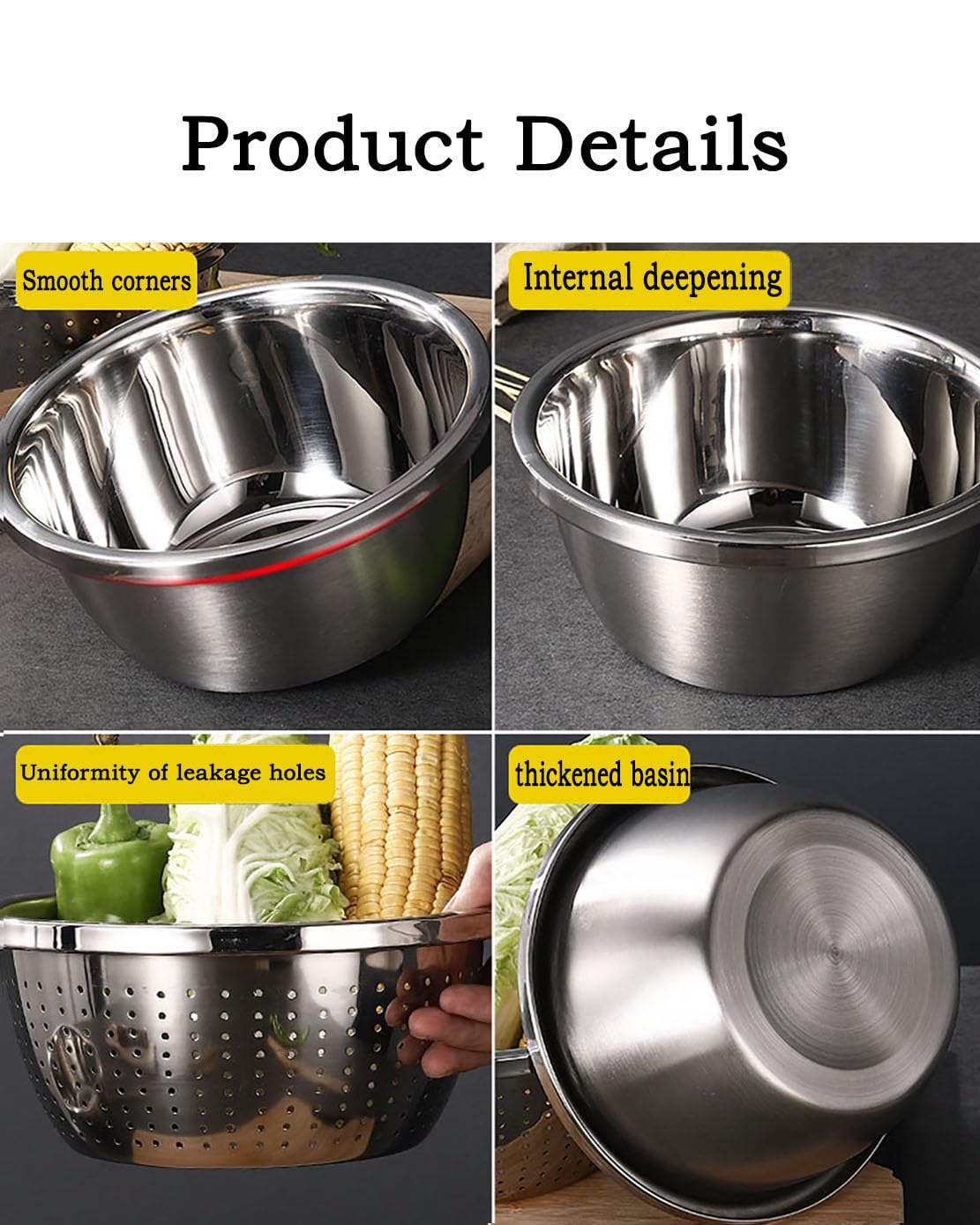 Edelstahl Küchensieb Schüssel Set 2-teilig, stapelbare Küchenschüsseln mit Abflusssystem, 20CM-40CM Durchmesser, stapelbar und rostfrei zum Waschen von Reis, Salat, Obst, Gemüse (40CM)