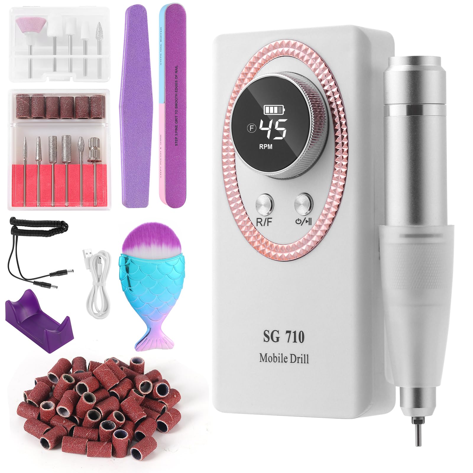 Taladro de uñas eléctrico de 45000 rpm, recargable, portátil, lima de uñas eléctrica con pantalla LCD inteligente para manicura de uñas de gel y pedicura, cuerpo reflectante, etc. (blanco)