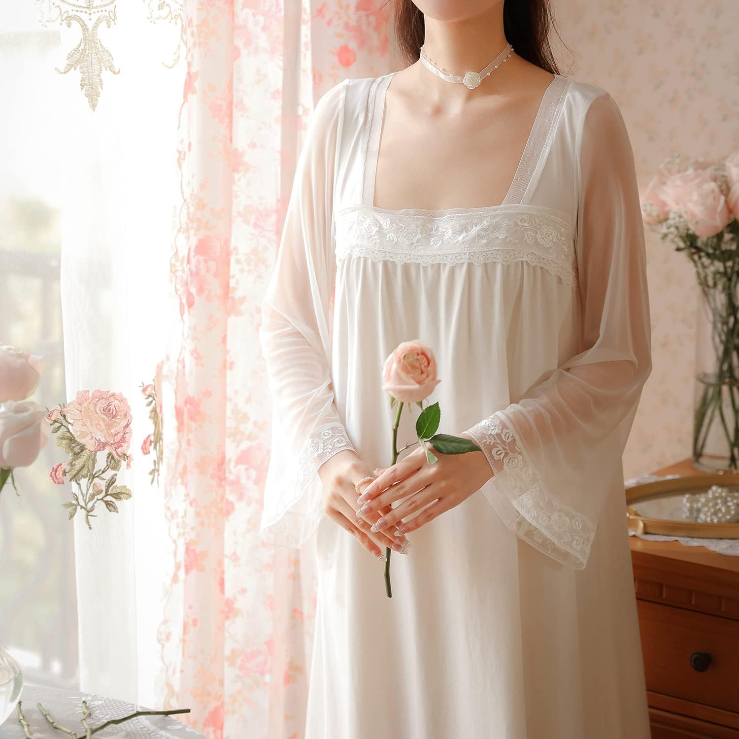 Women's Cotton Nightgown Long Sleeve Nightgowns Victorian Vintage Autumn Night Shirt - Image 3