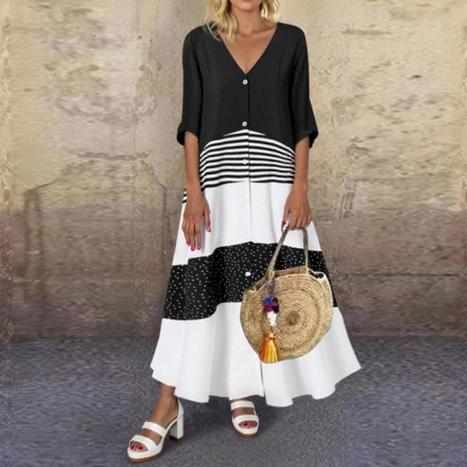 Tunika Kleid Damen Sommer Lang Sommerkleid Damen Elegant A Linie Maxikleider V Ausschnitt Mit Knopfleiste Boho Kleider Frauen Halbarm Blumen Sommerkleider Leicht Und Luftig Strandkleid Locker