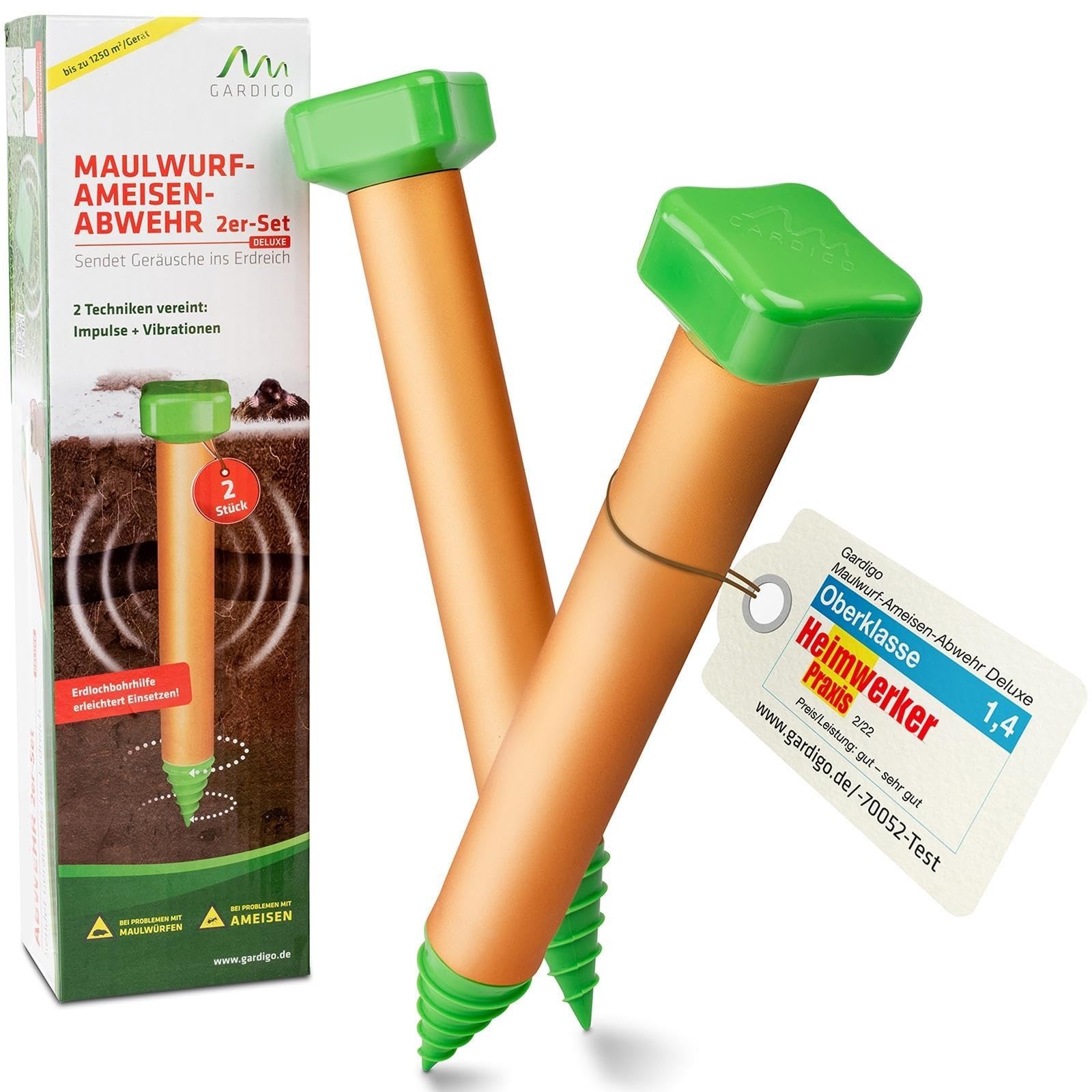 GARDIGO Maulwurf Vertreiber Ameisenabwehr Deluxe mit Bohrhilfe - 2er Set I  400-500 Hz I ca. 1250m I Maulwurfschreck mit Vibrationsmotor I  Whlmausvertreiber fr den Garten I Batteriebetrieben : Amazon.de: Garten