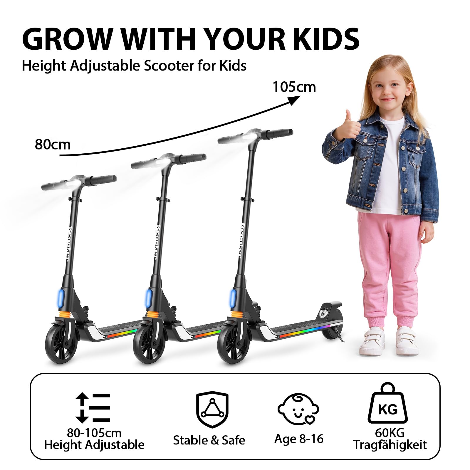 Trottinette Electrique Enfant, pour Enfants 8-16, 200W, Réglable en Hauteur, Max 20 km/h, Double Frein, Amortisseur Avant, Lumières LED Colorées, Affichage LED, Pliable et Légère.
