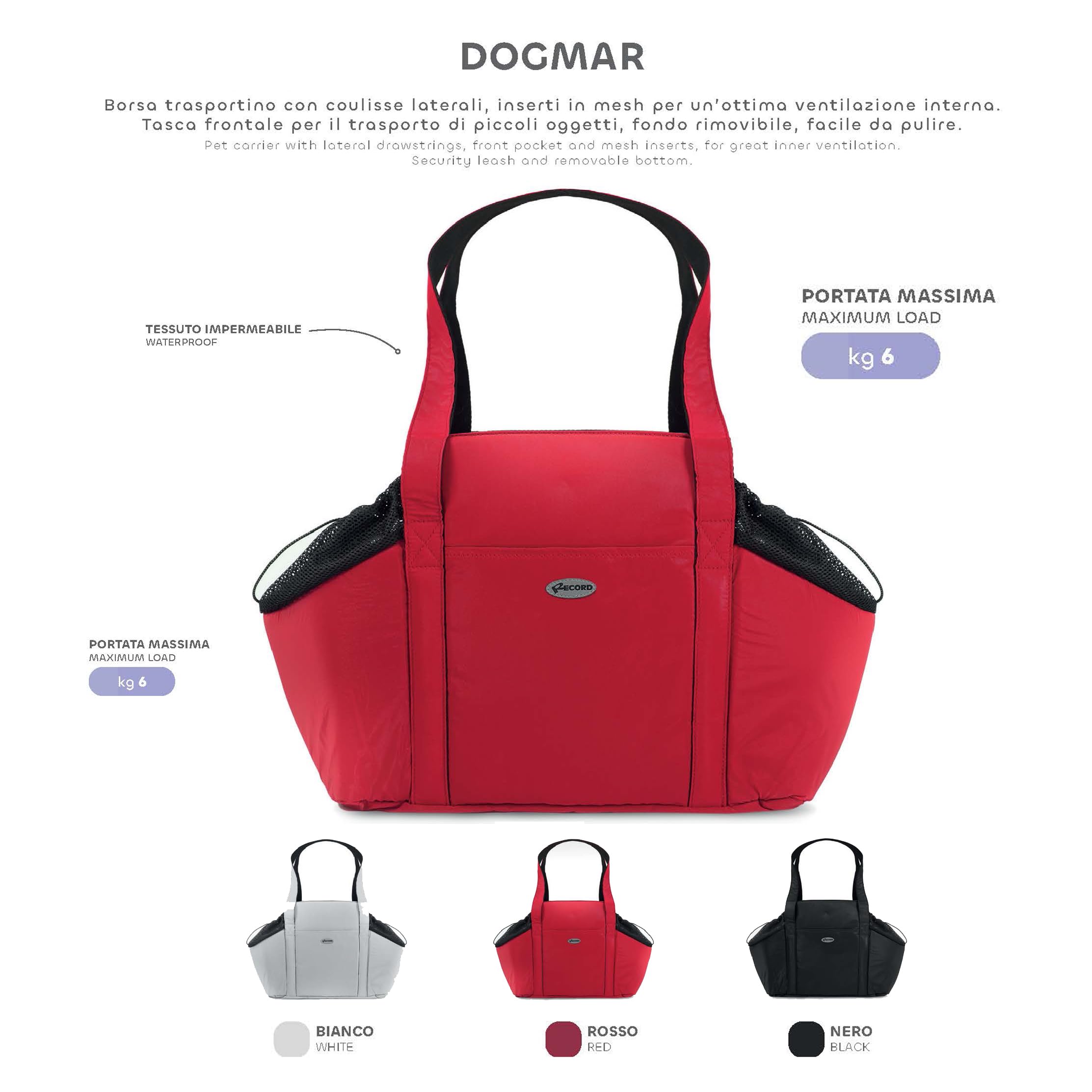 Record - Borsa per Cani e Gatti Dogmar. Trasportino impermeabile, ventilato con inserti in mesh e imbottito. Borsa per Cani con guinzaglio e fondo