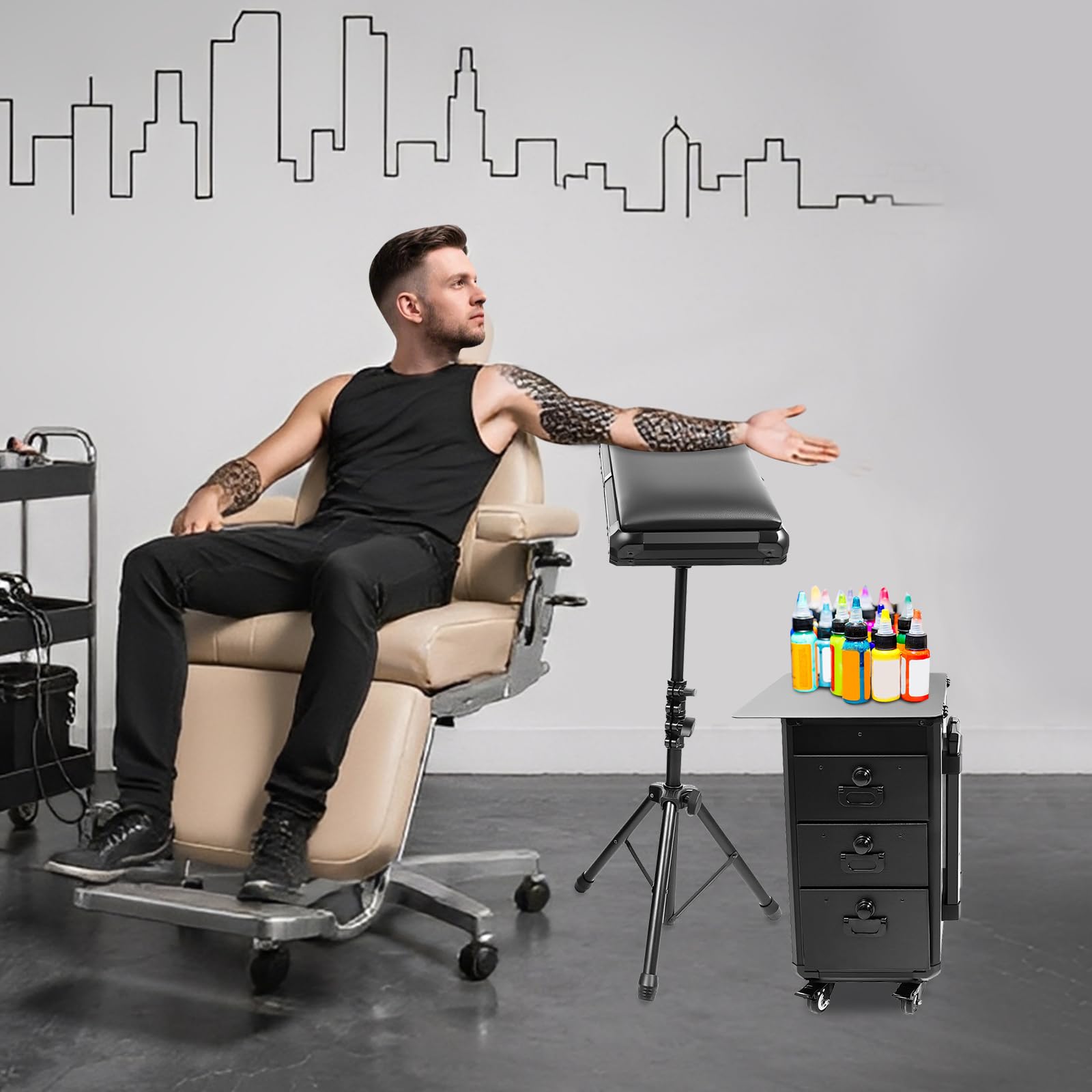 Valigetta per cosmetici con trolley per tatuaggi, con supporto per braccioli, valigetta per trucchi con 3 cassetti, serratura a combinazione e banco da lavoro, tavolo per tatuaggi, beauty stand