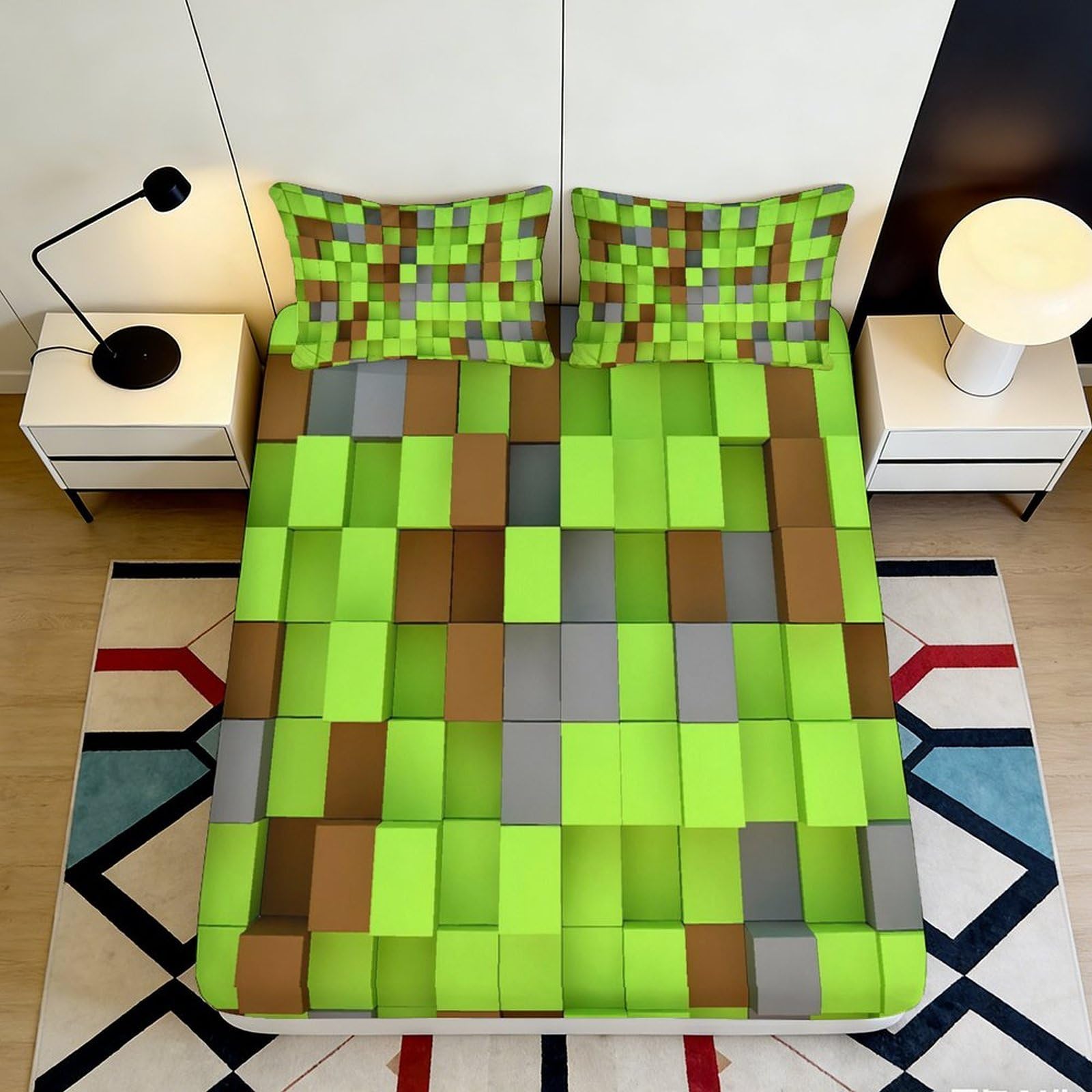 Pnayamiorkfel Style-6 3D Printed Pixel Grass Block Fitted Sheet Microfiber Soft Breathable Brown Green Geometric Bed Cover For Bedroom Dorm Protection 90X200x25cm