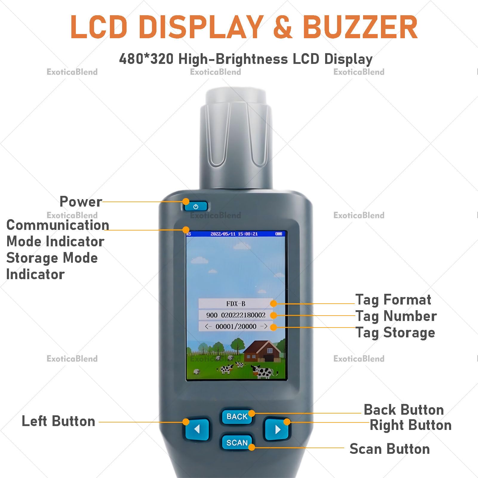 Scanner per Microchip Auricolari con Display LCD, Lettore per Microchip, Memoria Fino a 20.000 Dati, per Allevamenti, Rifugi e Proprietari di Animali Domestici