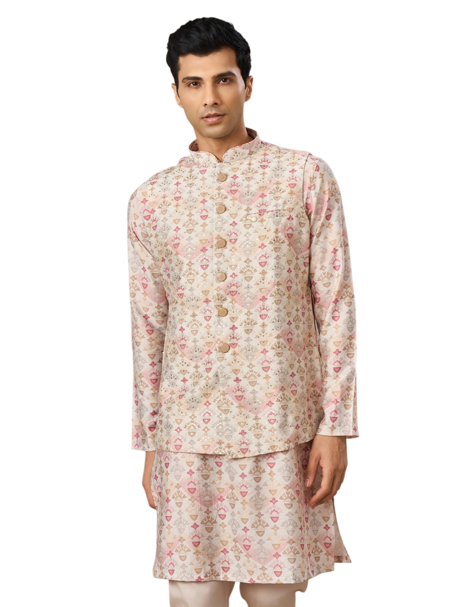 manyavar Men's Blended Viscose Printed & Sequinned Kurta Jacket Set (3pcs)-picture-21