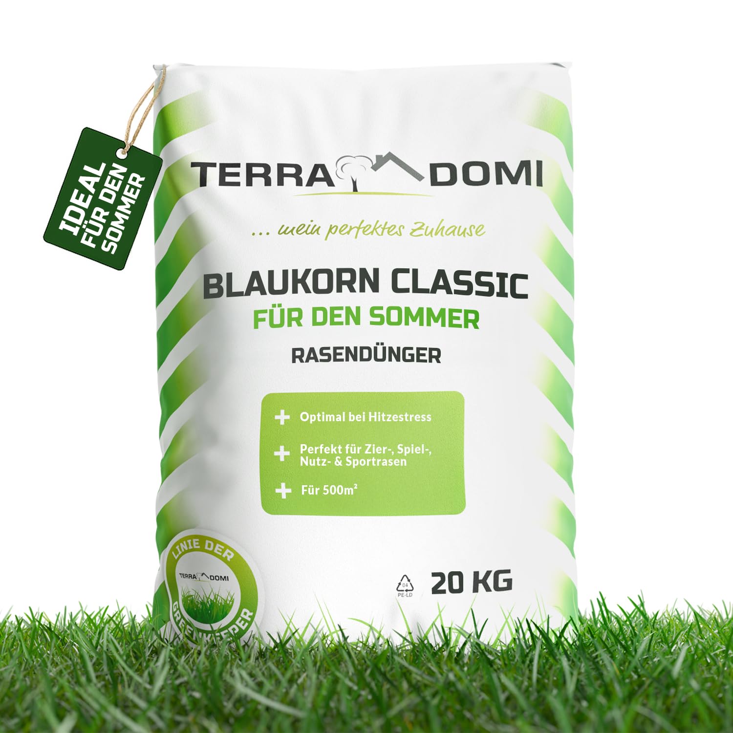 TerraDomi Blaukorn Dünger 20kg | Rasendünger Sommer mit Langzeitwirkung | Blaudünger optimal auch bei Hitzestress für einen gesunden Rasen | Volldünger & Universaldünger | 500m²