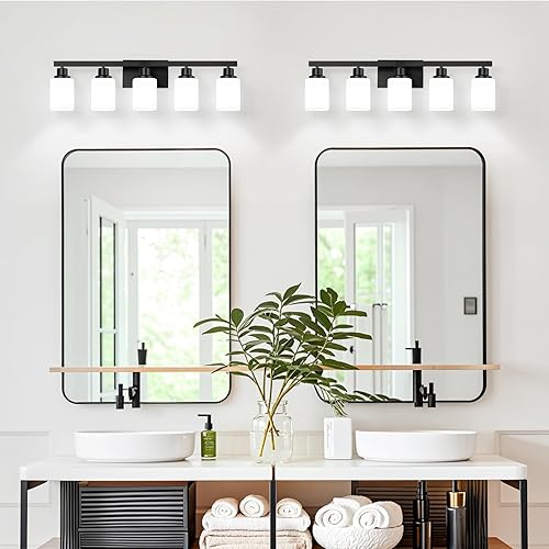 Miniatura 7 de Lámpara de tocador de baño de 5 luces, moderna lámpara de baño negra mate con vidrio esmerilado cuadrado, apliques de pared sobre espejo de baño,