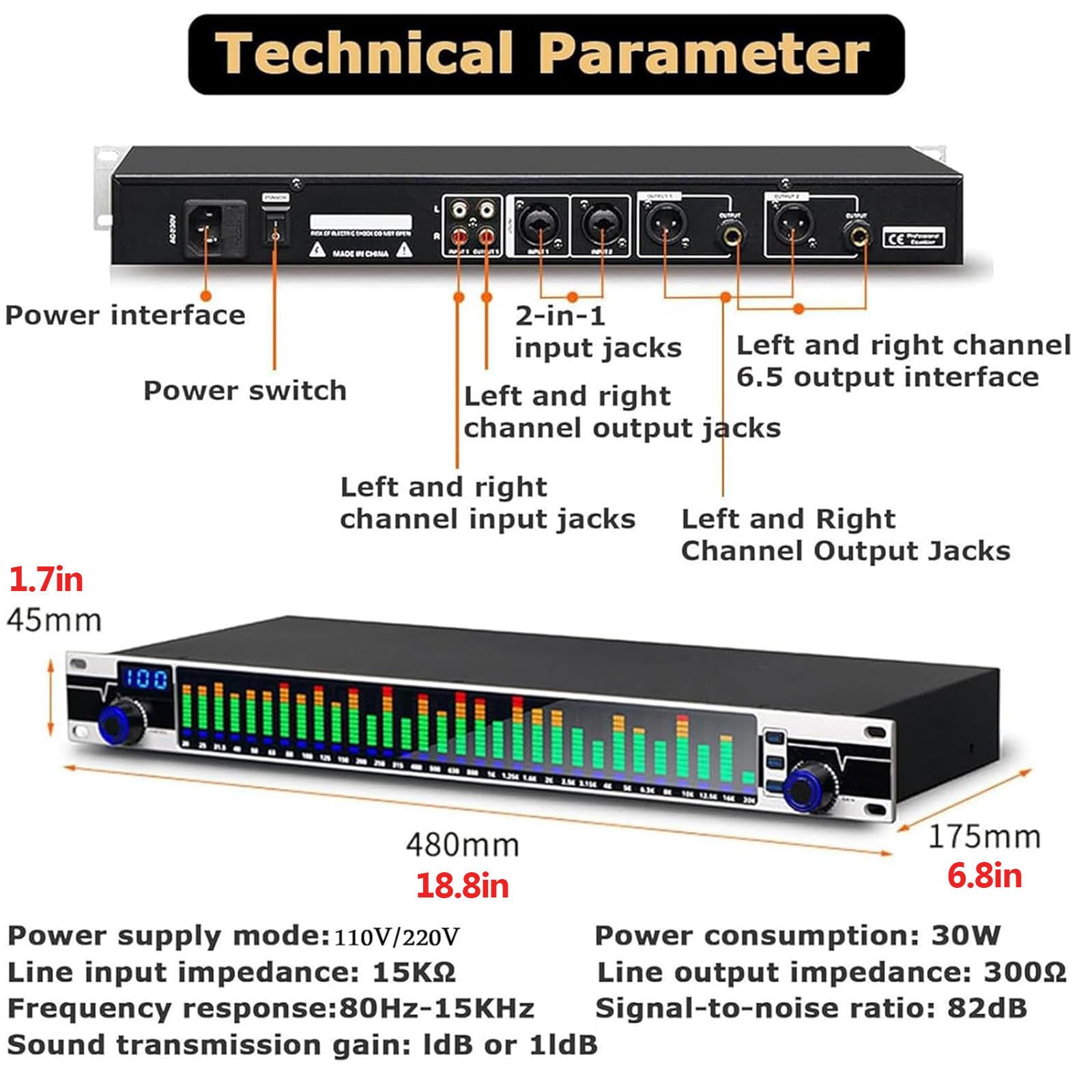 31 - Analizador de espectro de audio digital, pantalla de espectro musical, medidor VU verde, control sincronizado de doble canal, 10 efectos preestablecidos para audio doméstico, DJ, audio de coche