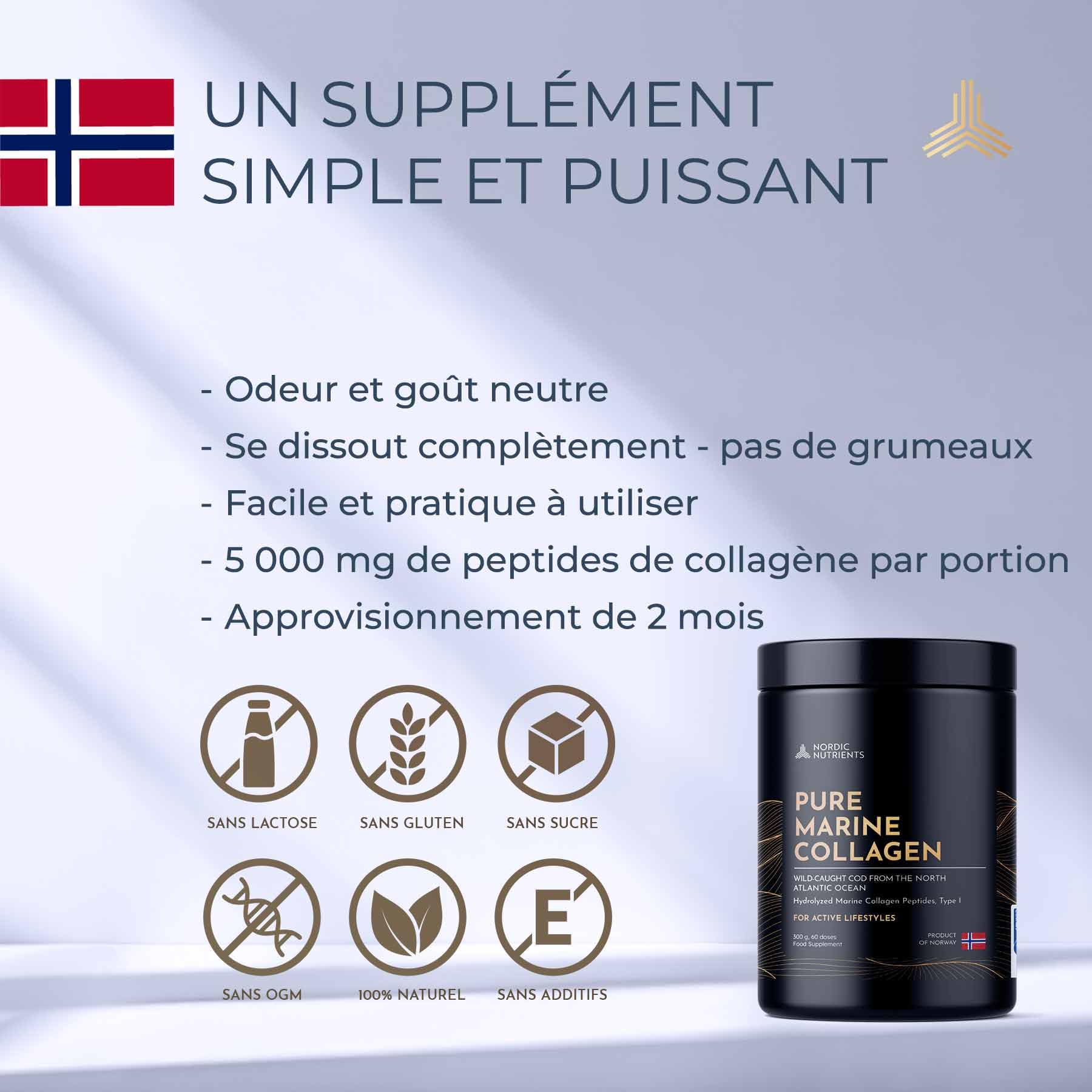 Nutriments Nordiques Collagène Marin Sauvage | Type I | 95% de Protéines | Pour les Articulations, les Muscles et les Os | Peau, Cheveux et Ongles | Cliniquement Testé | 300 g (2 Mois)