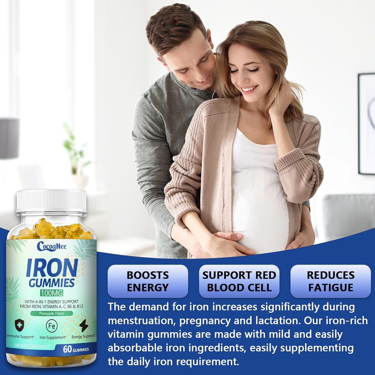 2 Pack 100MG Iron Supplements Gummies for Women & Men - Vitamin C, A, B12 - Complex, Improve Absorption, Energy Boost, Iron Deficiency, Anemia for Adults & Kids - Complex Folate, Zinc, 120Cts