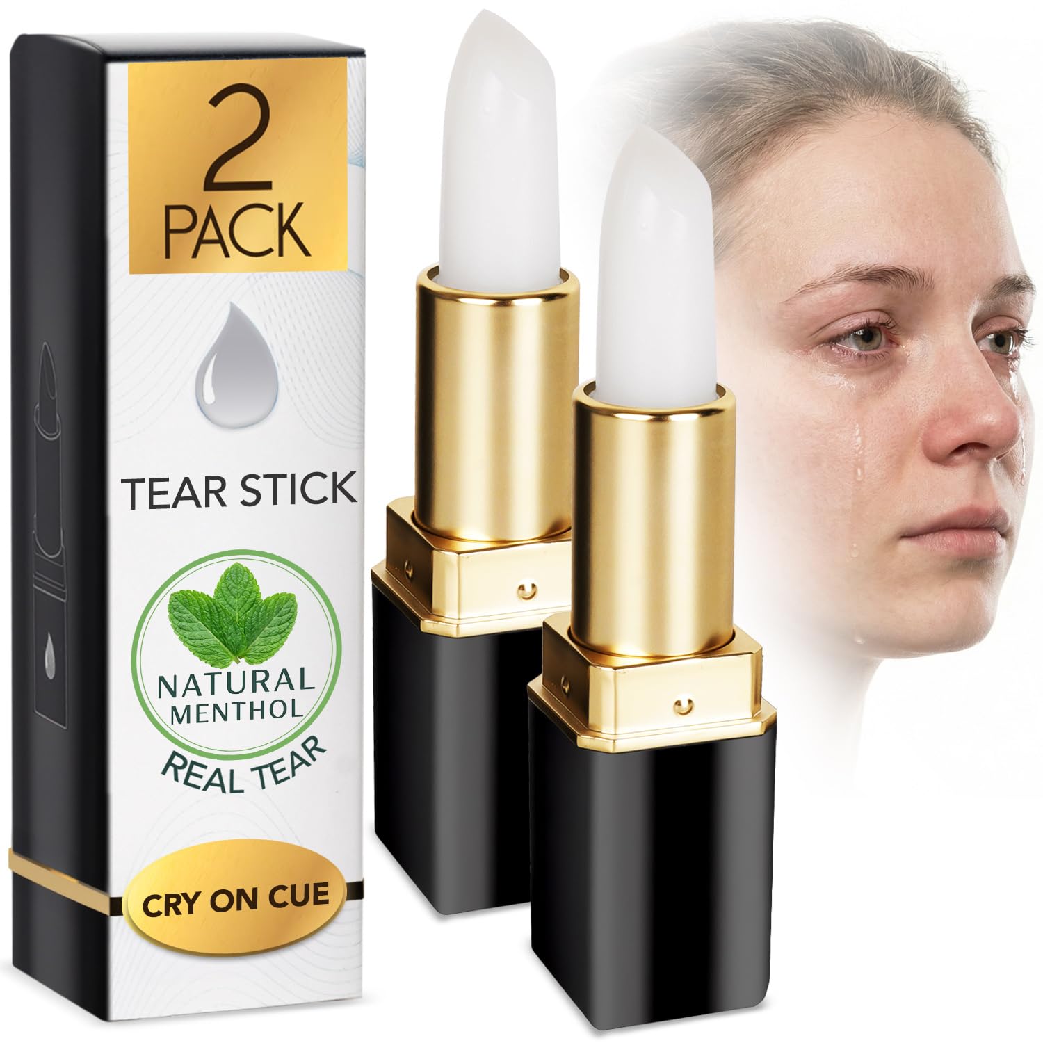 [2 Pack] Professional Tear Stick For Actors - Cry On Cue With Real Tears & Wet Eyes - Natural Menthol Formula Designed for Auditions, Theater, Film & TV - Enhance Emotions - Easy To Apply & Remove