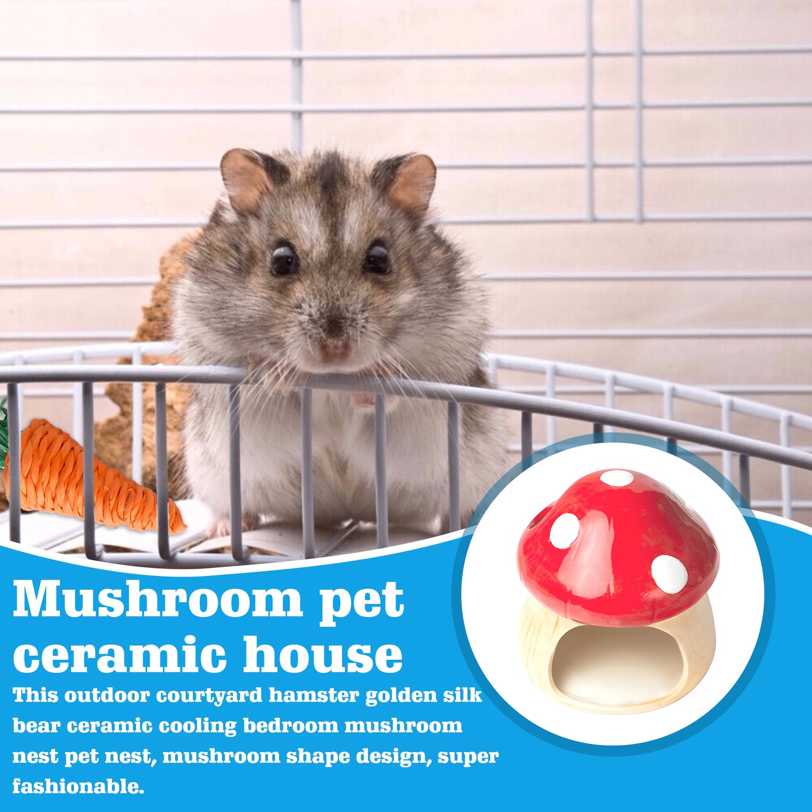 Maison en céramique pour hamster : cachette durable pour hamster, hamster et tunnel pour jouets dentaires en forme de champignon, grandes entrées pour gerbilles, souris, chinchillas (rouge)