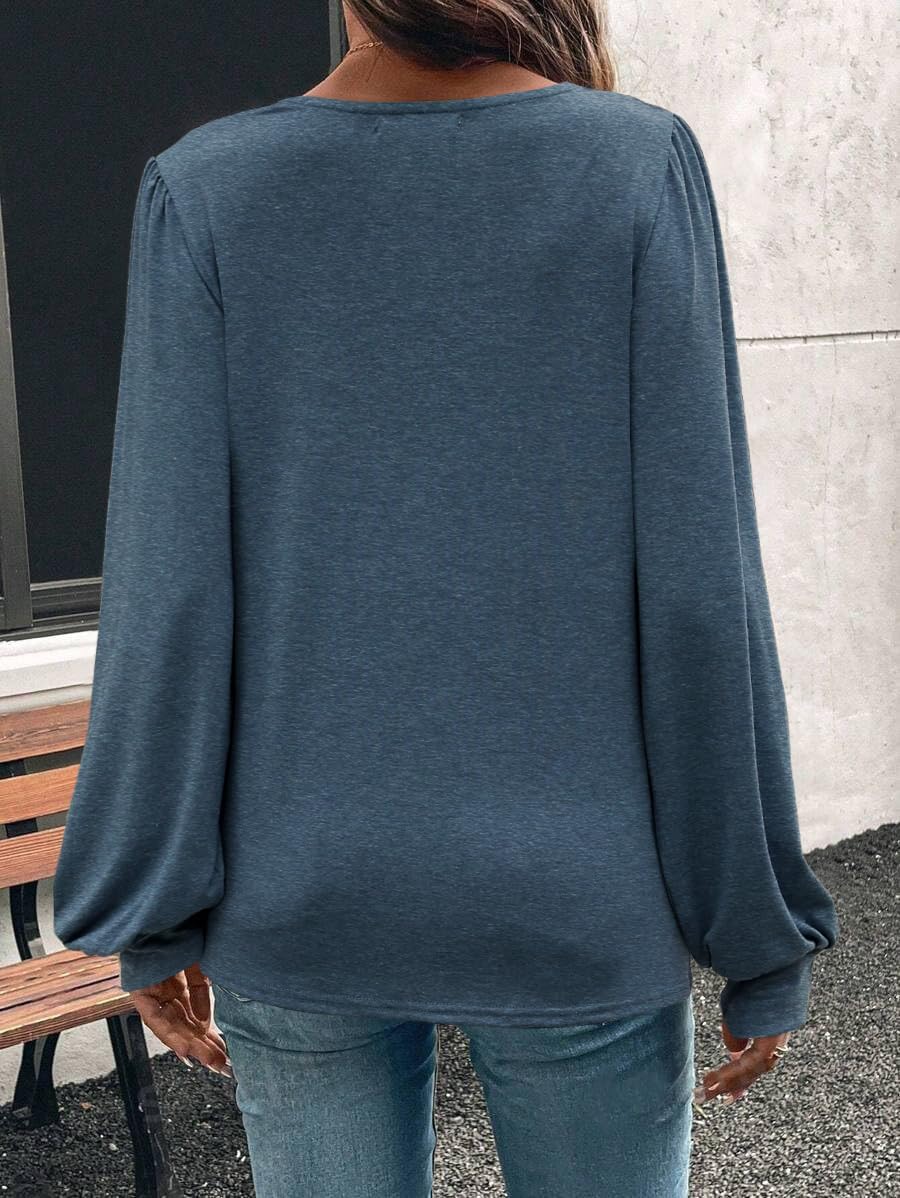 Women's Puff Long Sleeve Tops Deep V Neck Shirts Soft Loose Fit Elastic Blouses Dressy Casual Trendy Tunic - Image 5