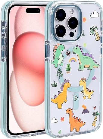 for iPhone 16 Pro Max Compatible with MagSafe Case, Clear with Cute Cartoon Dinosaur Island Pattern Shockproof Glossy Magnetic Protective Phone Case for iPhone 16 Pro Max