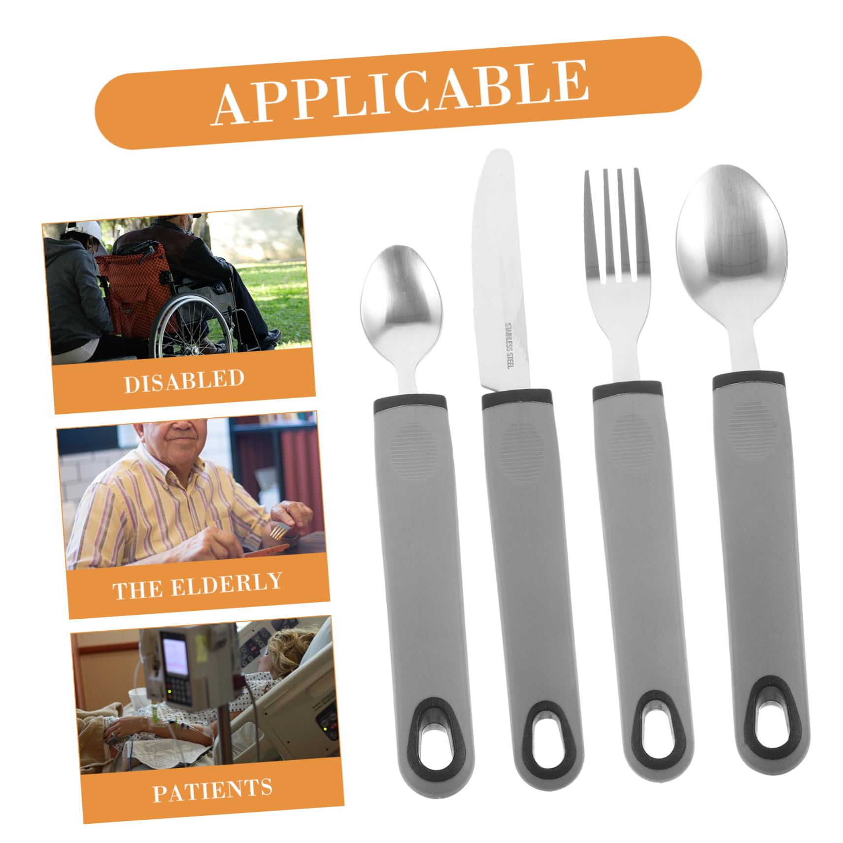Juego De Utensilios Adaptativos Antitemblores 4 Piezas Mango Gris De Pp, Tpr y Acero Inoxidable Para Personas Mayores, Portátiles, Ergonomía Para Rehabilitación y Alimentación Asistida