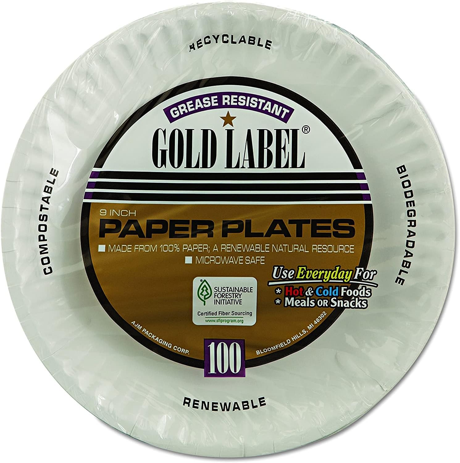 AJM Packaging CP9GOEWH Gold Label Coated Paper Plates, 9-Inch dia, White, 100/Pack, 10 Packs/Carton