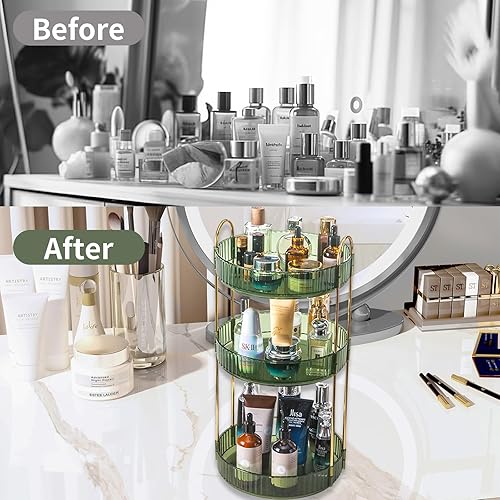 Miniatura 33 de Organizador de maquillaje giratorio de 360 grados para tocador, organizadores de cuidado de la piel de 2 niveles de gran capacidad, organizador