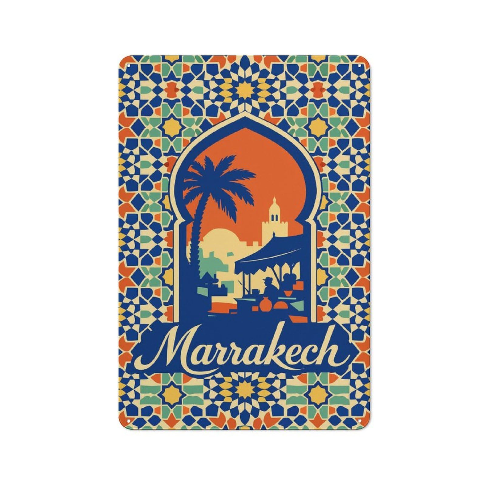 Junmoney Style-10 Marrakech Travel Warehouse Style Metal Wall Decor 30X20cm, Metal Wall Sign For Workspace, Cafe, Hallway Or Garage
