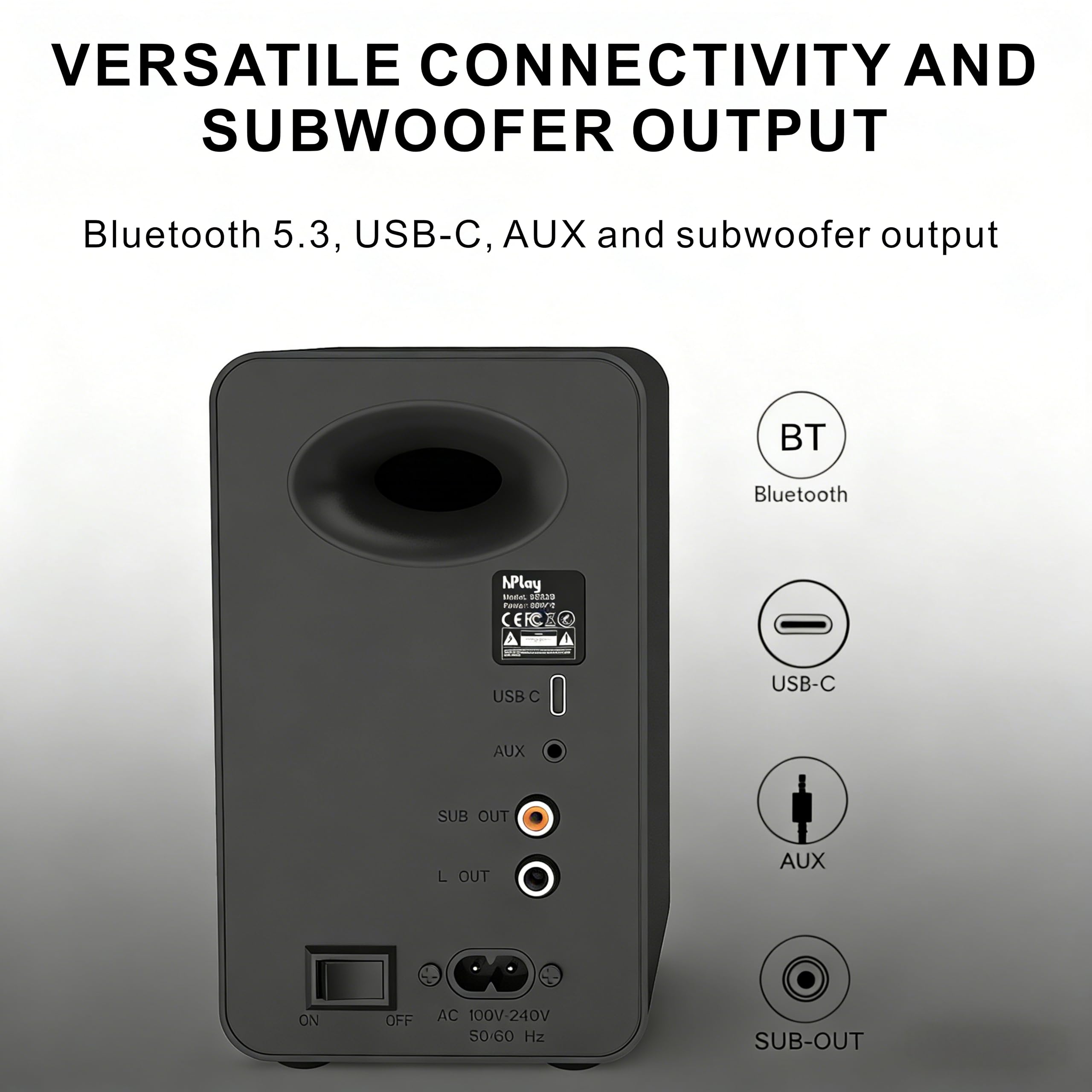 hPlay BS32B Aktivlautsprecher – 60W PC Lautsprecher mit Bluetooth 5.3, USB-C Soundkarte, Subwoofer-Ausgang & Fernbedienung, absorberplatte Lautsprecher, kompakte Regallautsprecher (Schwarz)