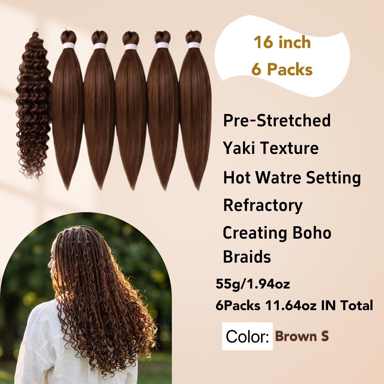 Paquete de 6 trenzas bohemias de 40,6 cm, color marrón, 6 unidades, rizadas, onduladas, bohemias, preestiradas, trenzas, trenzas, sintéticas, sin nudos (30#)