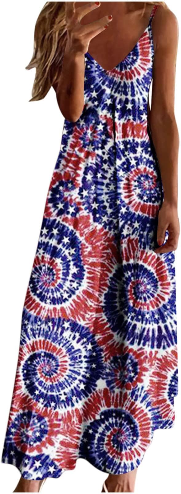 4th of July Dress for Women Independence Day Fashion Sling V-Neck Beach Long Dress American Flag Maxi Dress