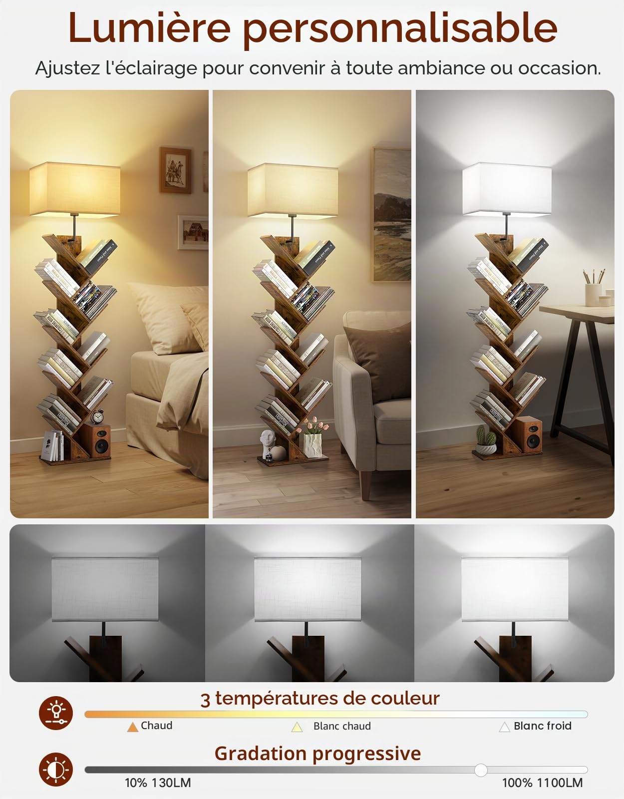 Bibliothèque Arbre en Bois 9 Niveaux avec Lumière, Étagère d’Angle avec Télécommande et Minuteur – Meuble Compact pour Livres, CD, DVD, Salon, Chambre, Bureau
