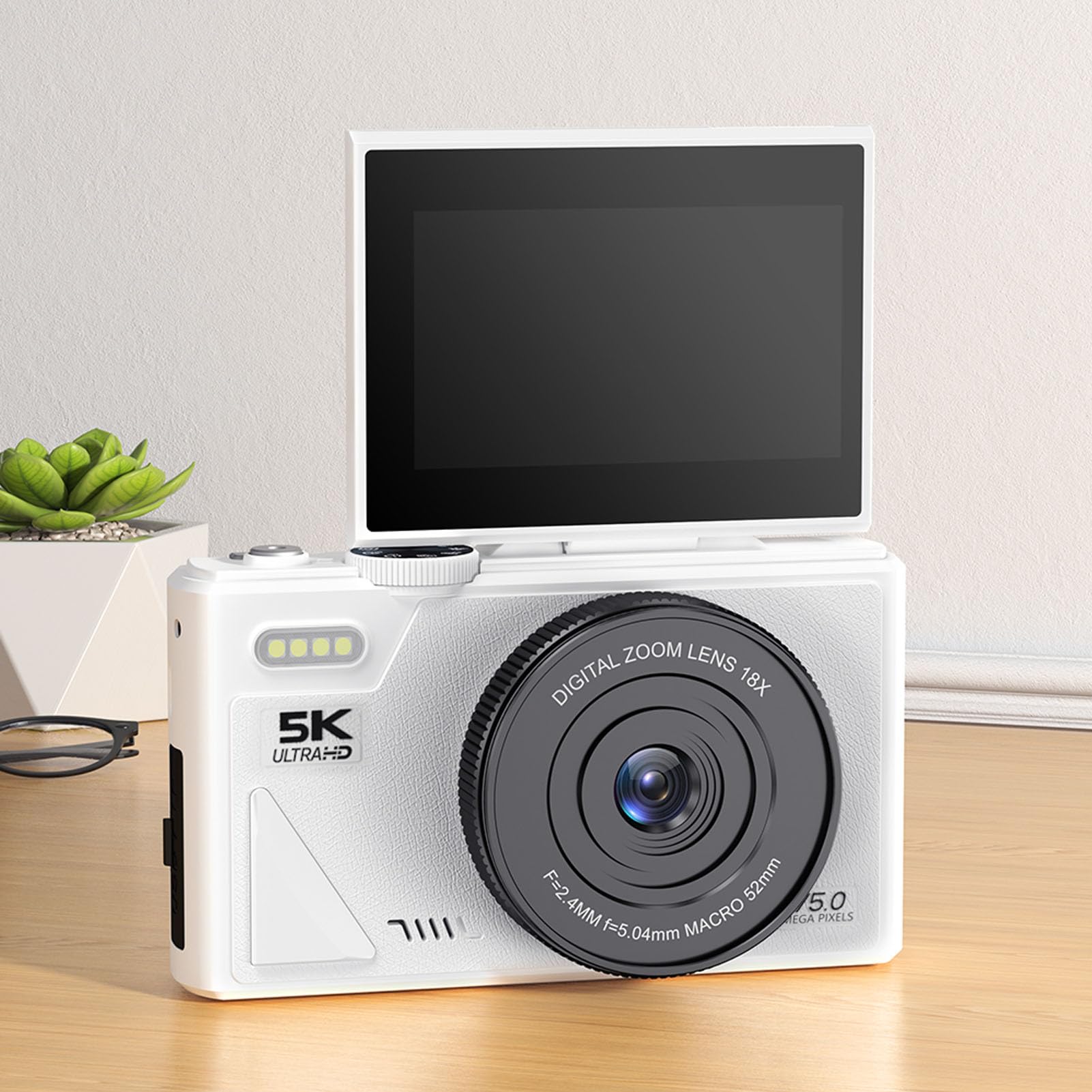 Tangxi Fotocamera Mirrorless 5K, Fotocamera Digitale da 75MP con Zoom Ottico 18X Messa a Fuoco Automatica, per Vlogging con Rilevamento Sorriso Antivibrazioni e Supporto Flip (WHITE)