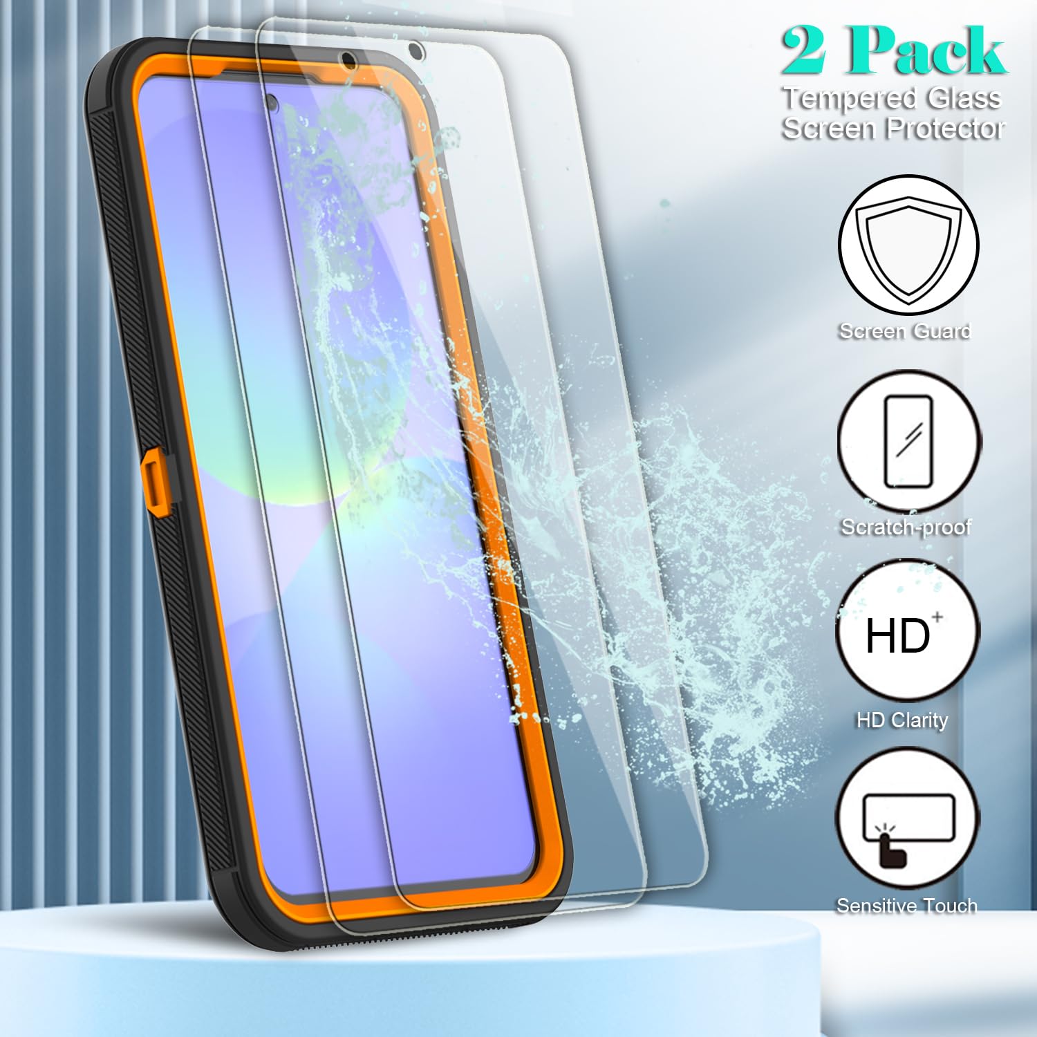 Etui do Samsunga Galaxy A36 5G z 2 szt. ochraniaczy ekranu ze szkła hartowanego, seria kabury z klipsem do paska, wytrzymałe, odporne na wstrząsy etui na telefon (czarne/pomarańczowe)