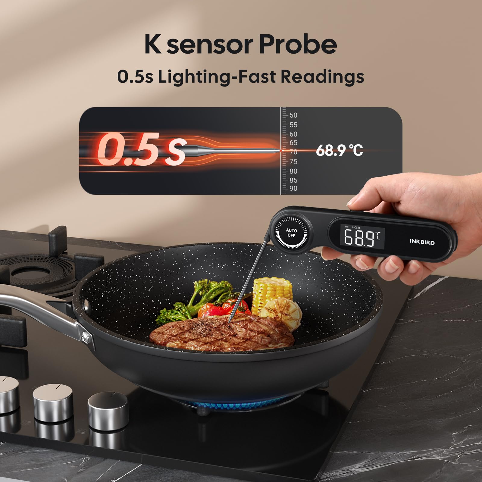 Termometro Istantaneo per Carne,Impermeabile IP65,Lettura Ultra-Rapida in 0.5 Secondi,Rilevazione Super Precisa,INKBIRD Termometro Alimentare Compatto per Cucina,BBQ,Pasticceria,Frittura,Produzione