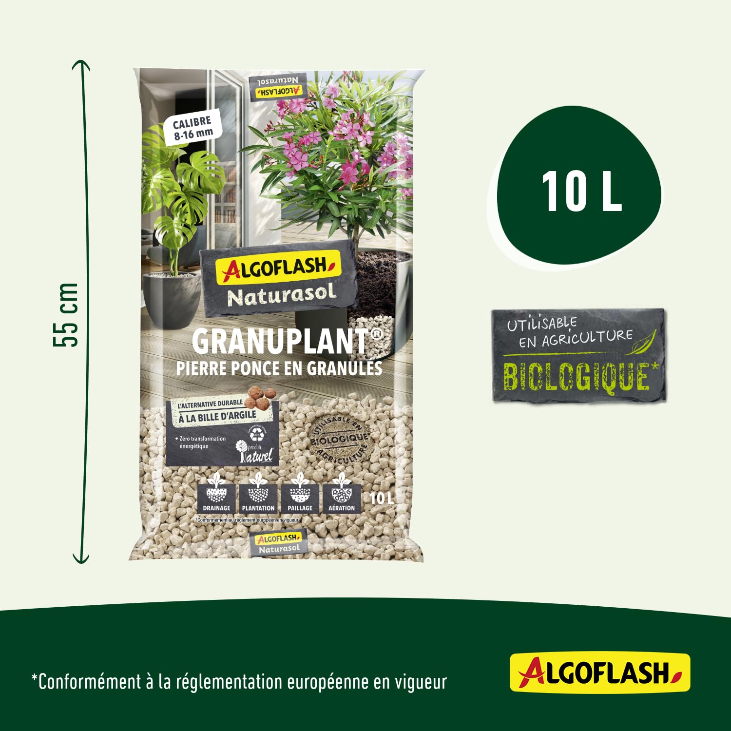 Algoflash Naturasol Granulado de drenaje y plantación – Piedra pómez 100% natural – Alternativa duradera a la bola de arcilla – 10 l