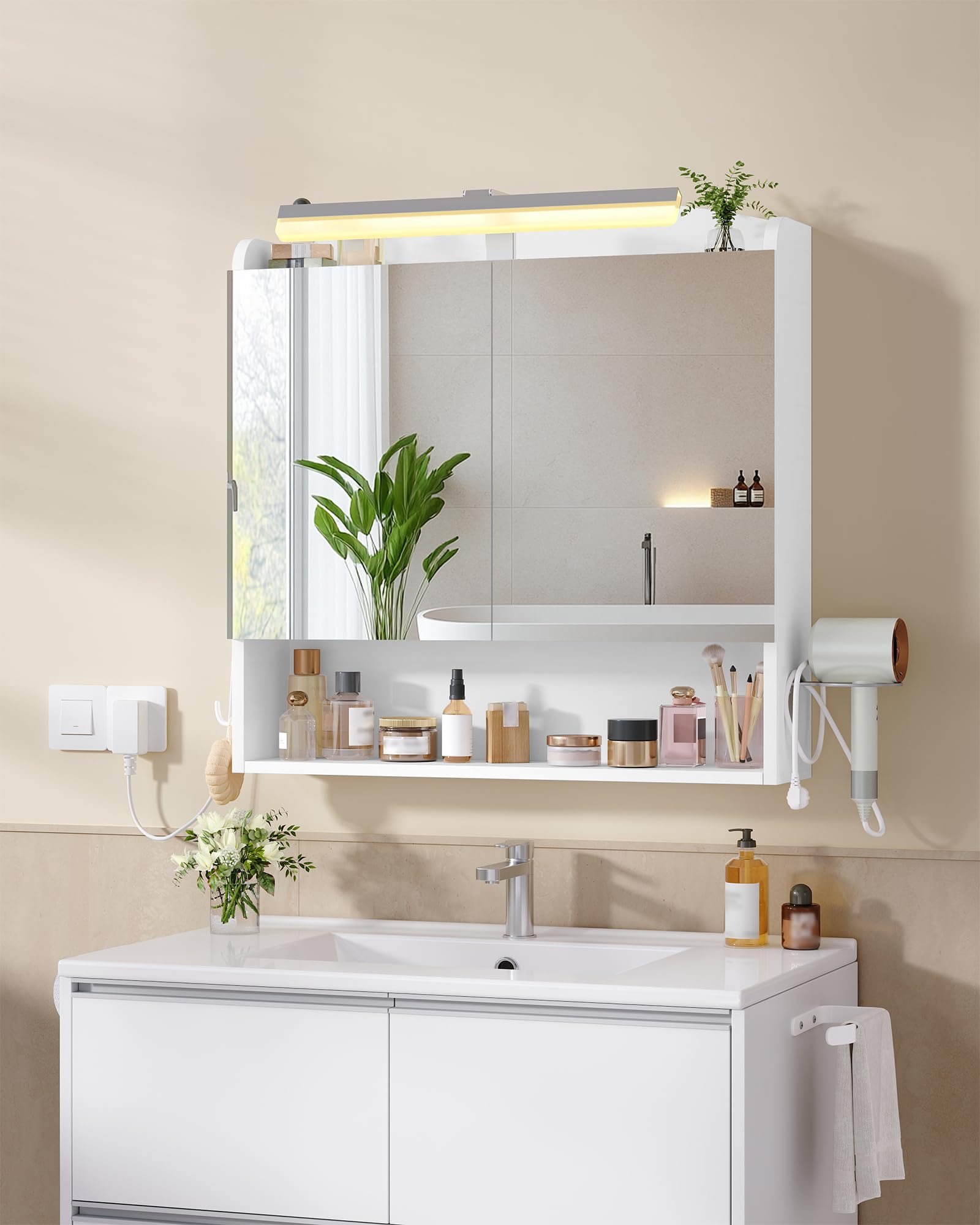 Hzuaneri Bathroom Cabinet with Mirror, LED Lights, Hair Dryer Shelf, Hooks, White, 16.5 x 70 x 75 cm
