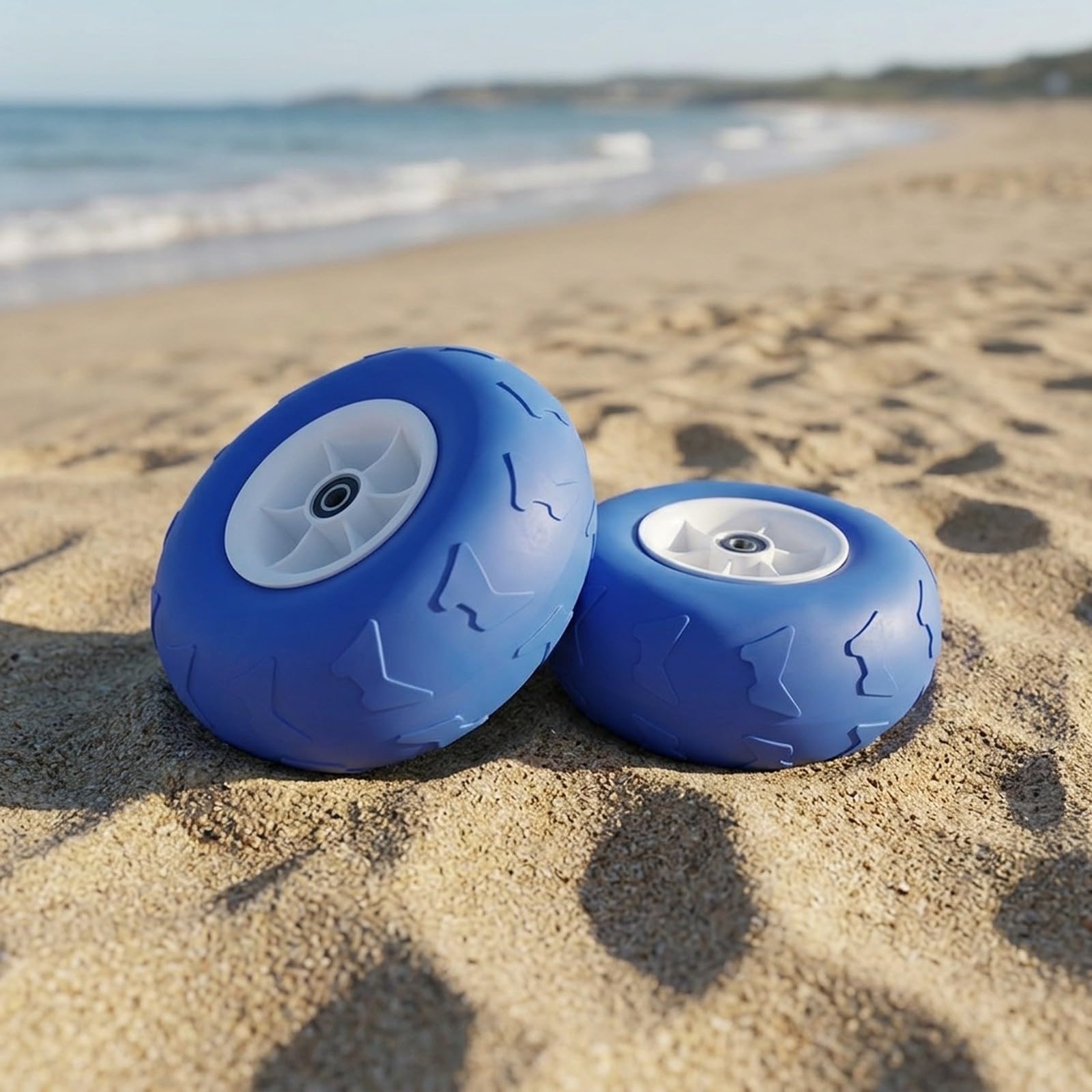 Koła do wózków plażowych, 2 sztuki, 230 x 115 mm, zamienniki opon do wózków | Te szerokie opony z PCW zapobiegają zapadaniu się wózka w miękkim piasku lub trawie podczas wycieczek na plażę.