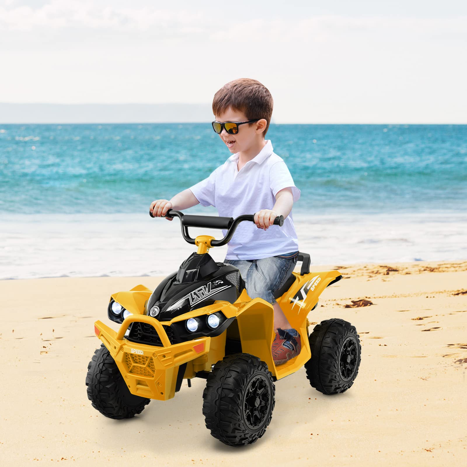 COSTWAY 12V Elektro Kinderquad, Elektroquad mit 2,2/4,3 KM/H Geschwindigkeit, Kindermotorrad mit Hupe, Musik & LED-Leuchten, Elektro Quad für Kinder von 3 bis 8 Jahren (Gelb)