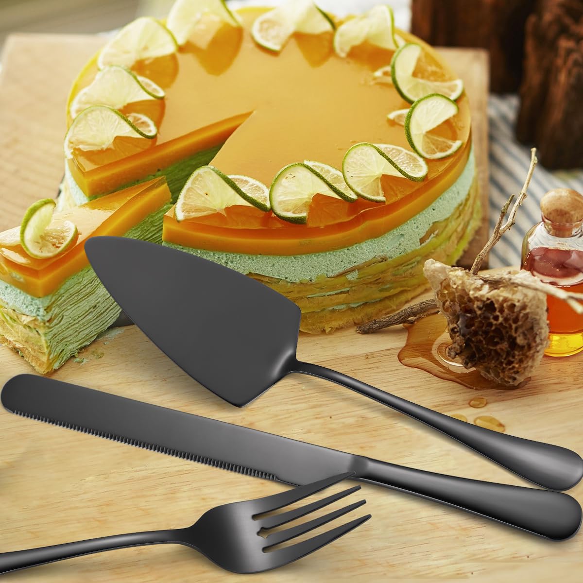 AARAINBOW Serveerbenodigdheden, set van 8 stuks, groot buffet, bestek met serveerlepel, roestvrij staal, serveerlepel, saladetangen, taartbestekset, thuis, saladebestek voor feest, banket (8 zwart