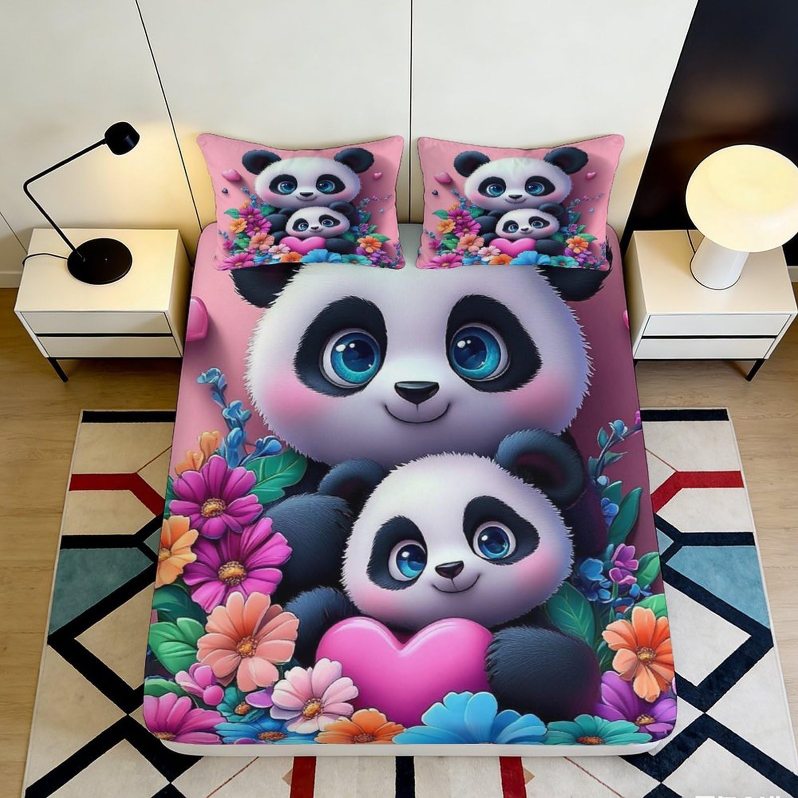 Jqzkxnhpbr Style-8 3D Printed Cute Panda Fitted Sheet Microfiber Pink Cartoon Flower Bed Cover For Bedroom Guest Room Easy Care Decor 90X200x25cm