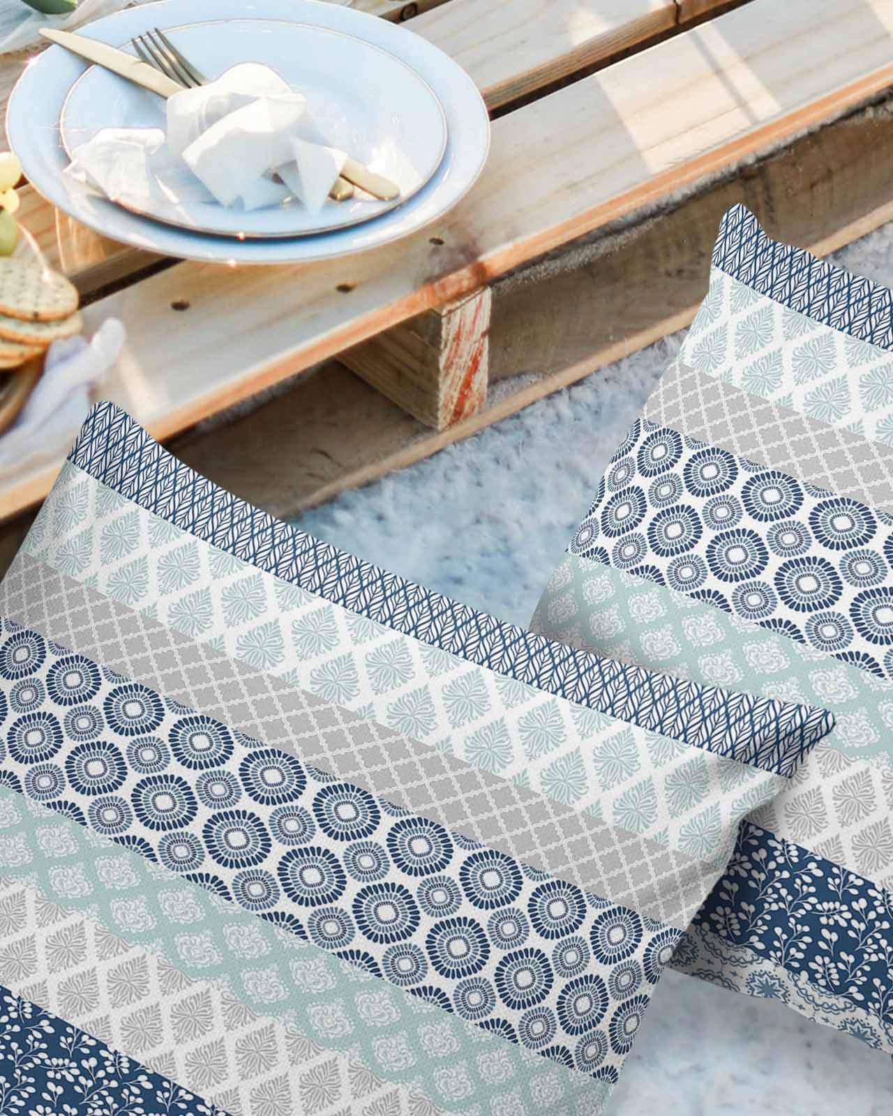 Outdoor Pillows Waterproof Pillow Covers Set of 2 Bohemia Blue Grey Polyester Throw Pillow Covers Garden Cushion Case for Patio Funiture Sofa Decoration 24x24inch Stripes Boho Chic Geometric