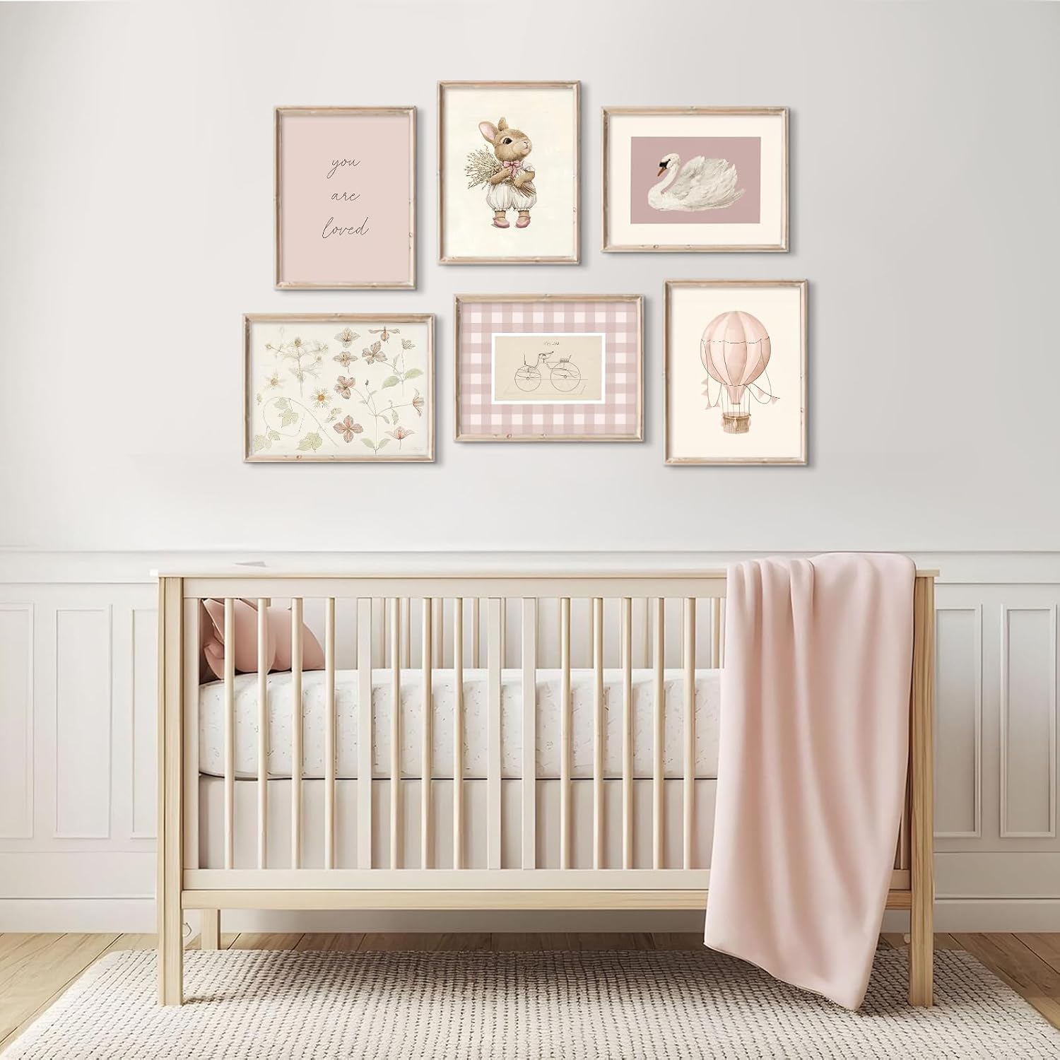 Girl Nursery Wall Art Vintage Pink Bunny Canvas Wall Decor Baby Girl Room Poster Nursery Animal Floral Prints Cute Rabbit Picture Kids Swan Flower Painting Artwork for Bedroom 8x10 Inch Unframed 6pcs image 5