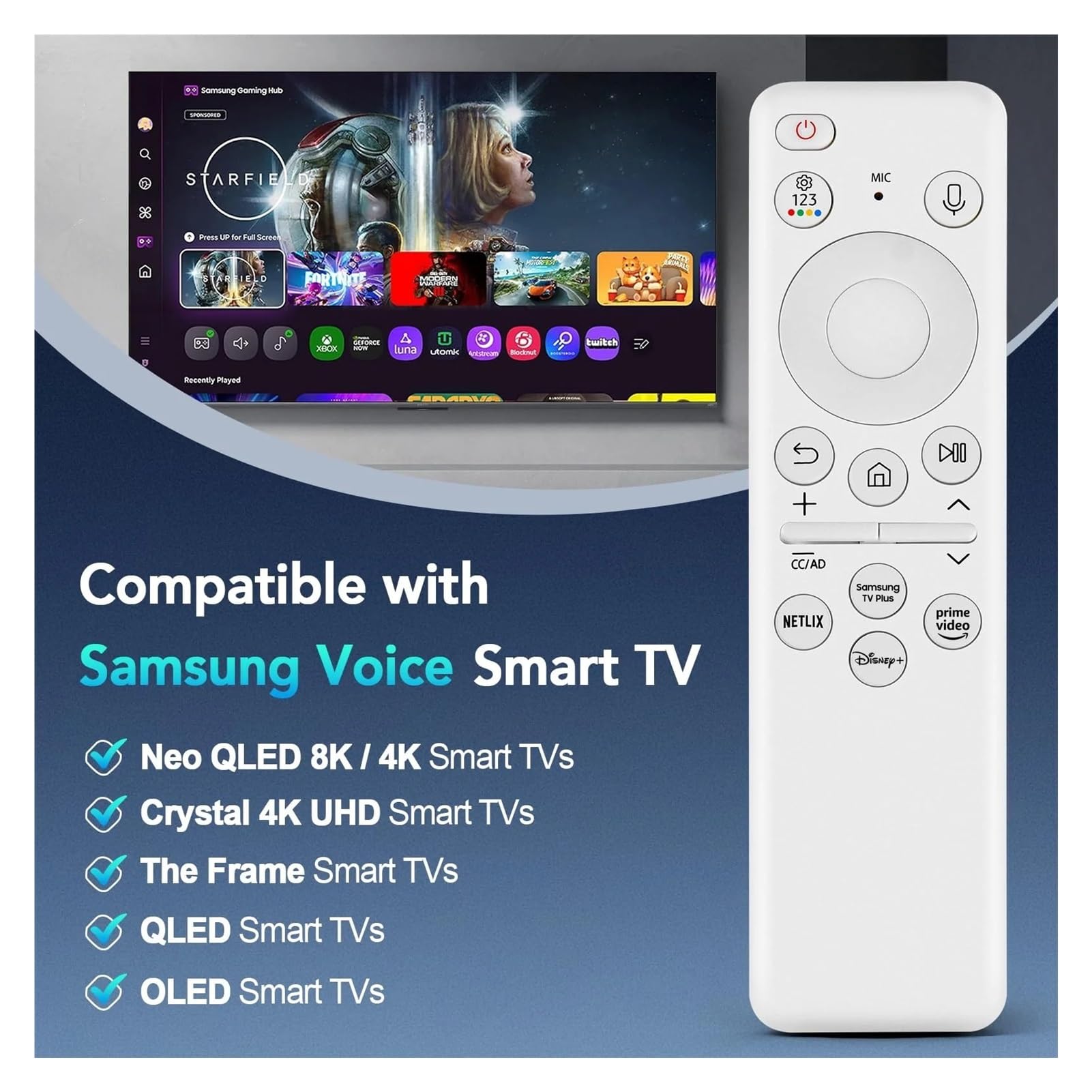 1 Mando a Distancia for TV | BN59-01455A Control remoto por voz solar for con celda recargable Bluetooth apta para(BN59-01455A-Solar-W)