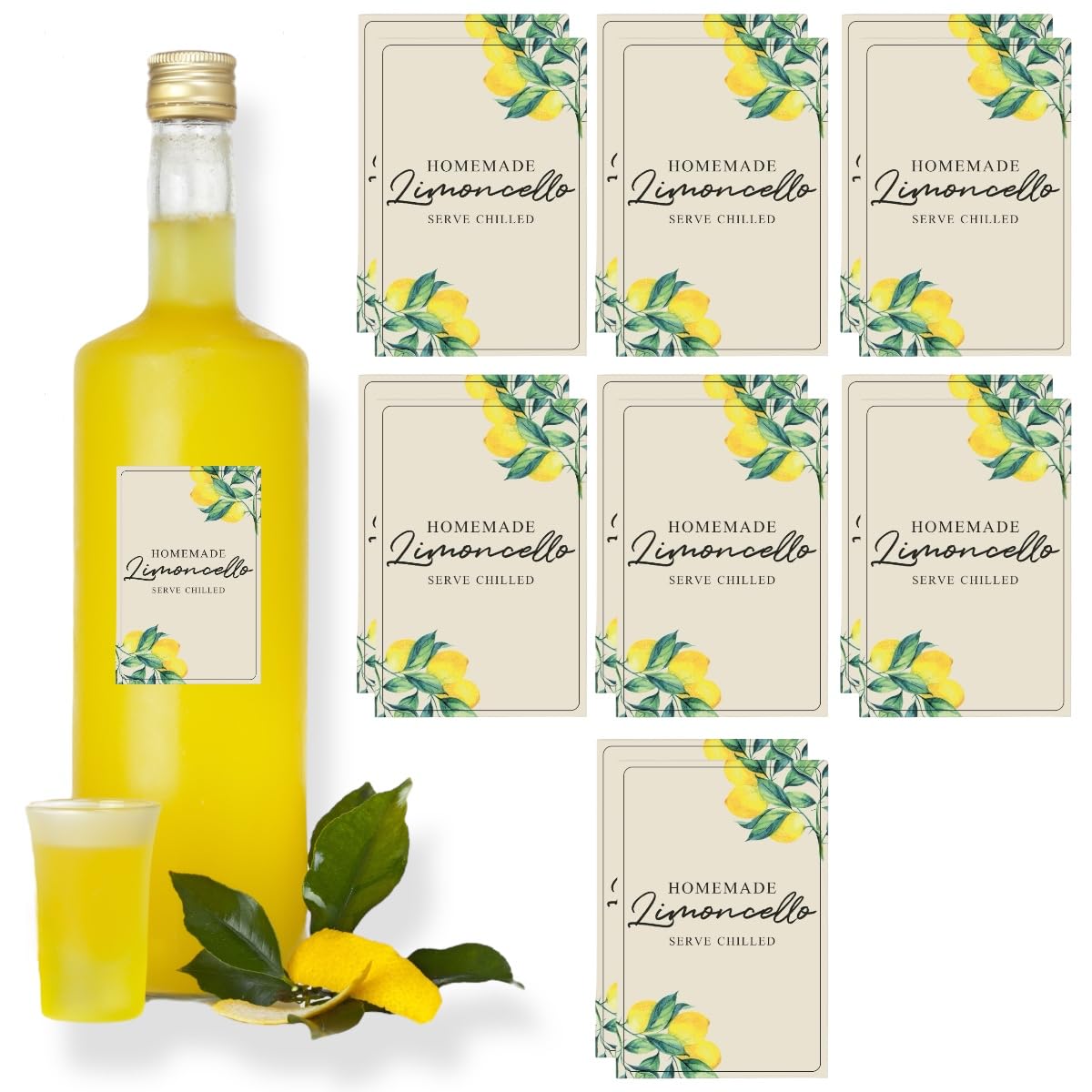 Limoncello Labels - 12/24 Round & Rectangular Bottle Stickers for Limoncello (14 pieces)