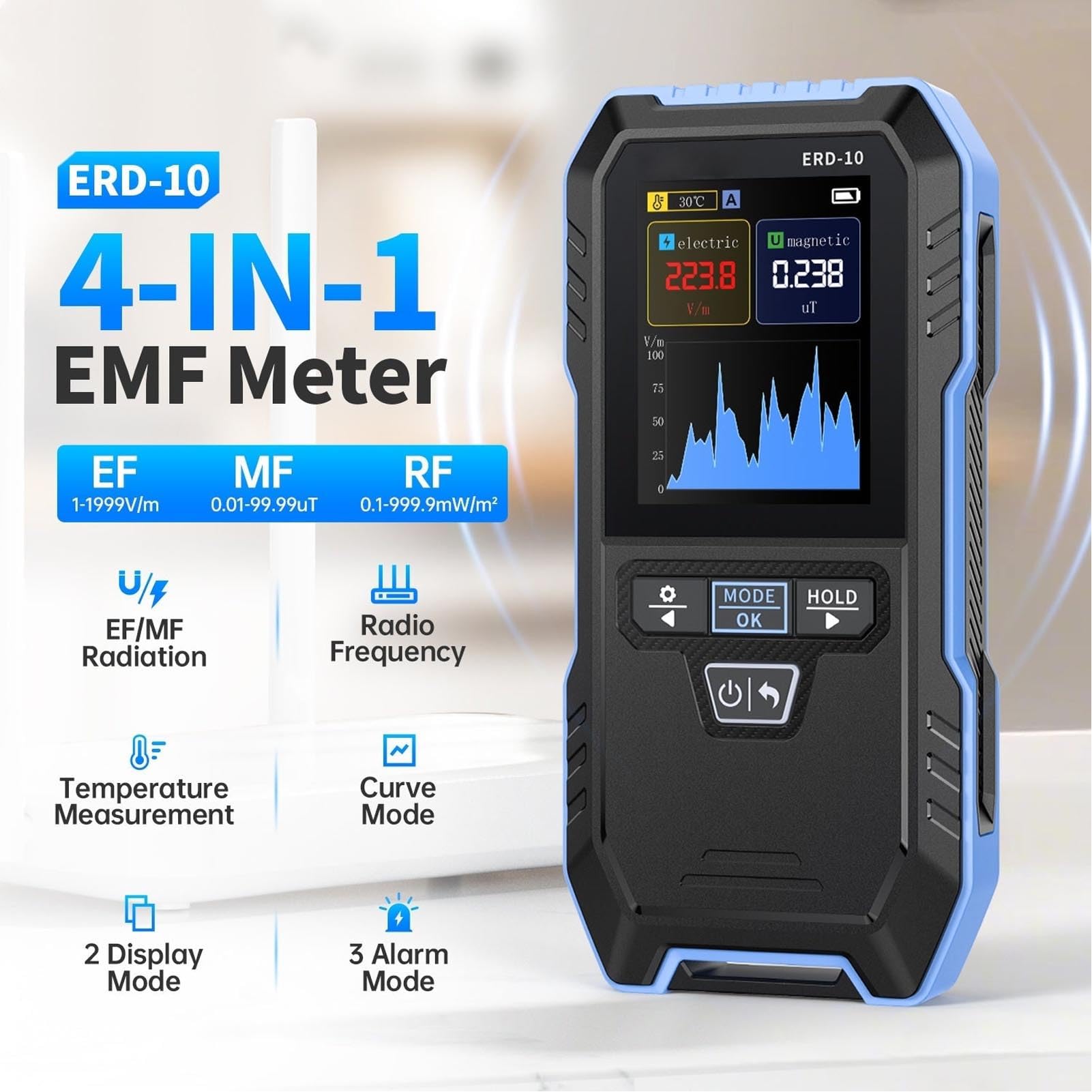 Garsent Détecteur EMF, 4 en 1 Radiation METTER avec Mode Courbe, Détecteur de Rayonnement Rechargeable, Compteur EMF Portable Portable avec Plusieurs Façons D'investir pour une