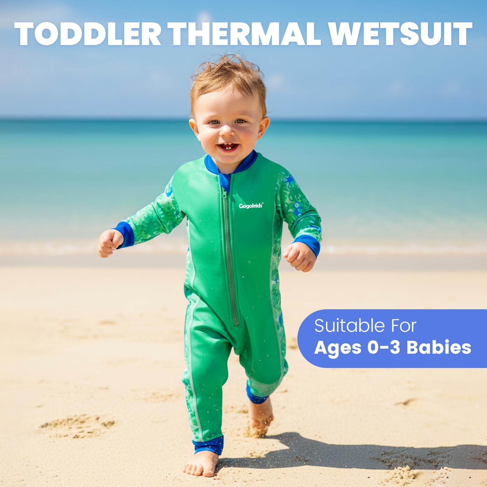 Gogokids Costume da bagno termico per bambini da 0 a 3 anni, con cerniera frontale, con fodera in pile, a maniche lunghe, per nuoto, spiaggia e giochi d'acqua