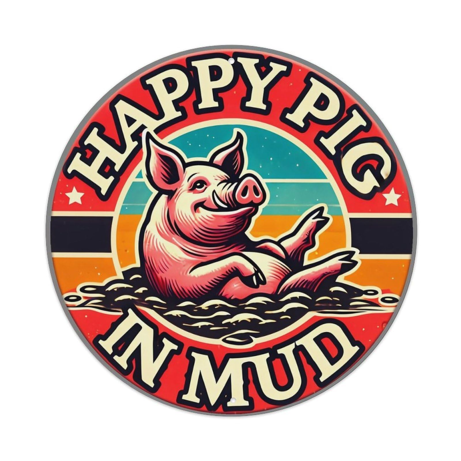 Jdyaojiesheng Vintage Happy Pig In Mud Round Tin Sign Retro Metal Wall Decor Metal Poster, Home Bar Garage Farmhouse Cafe Wall Art Decoration 8X8inch