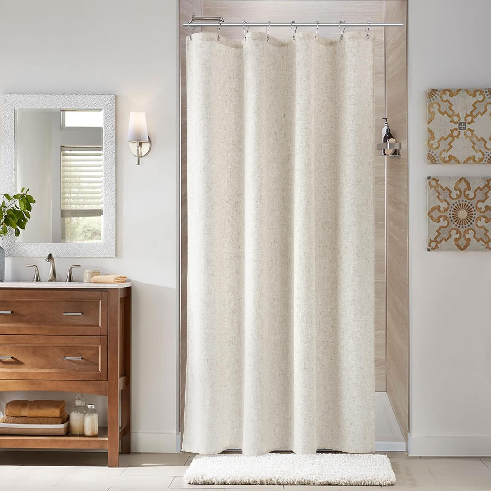 Naturoom Linen Shower Curtain 48x72 Inch for Bathroom Beige 1 Panel