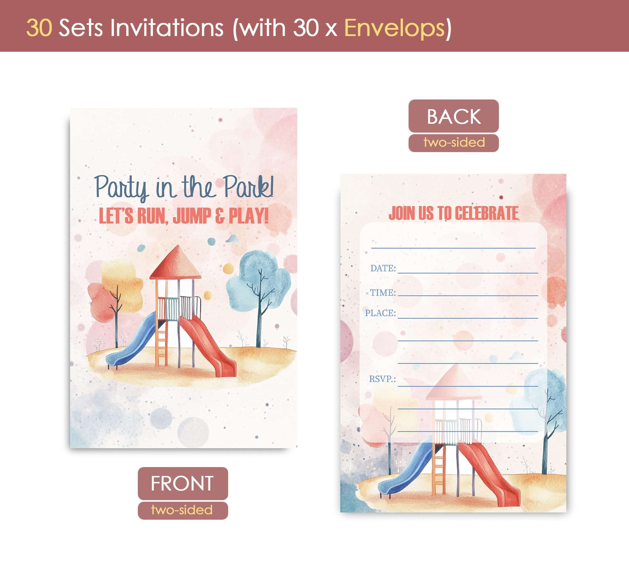 VAVINCI Playground Birthday Invitations for Girls Boys, Party in the Park, Lets Run Jump and Play Invites for Kids, 30 Sets with Envelopes